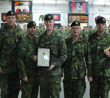 Shown in the Photo, CWO Ron Swift, CME Br CWO, LCol Eric Fortin, CO 5 RGC, Capt John Natyncyk, President of the CMEA Quebec area Chapter, BGenSteve Irwin, CME Col Cmdt, MWO Marc Drolet, acting RSM 5 RGC