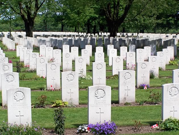Some of the hundreds of Canadian graves at the Groesbeek Canadian War Cemetery near the town of Groesbeek, Netherlands, final resting place for 2,338 Canadian soldiers from World War II.