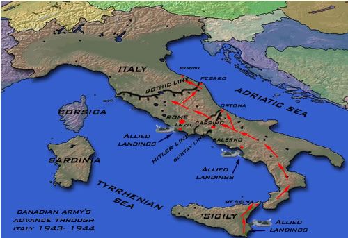 Overview map of the Canadian Army operations in Italy