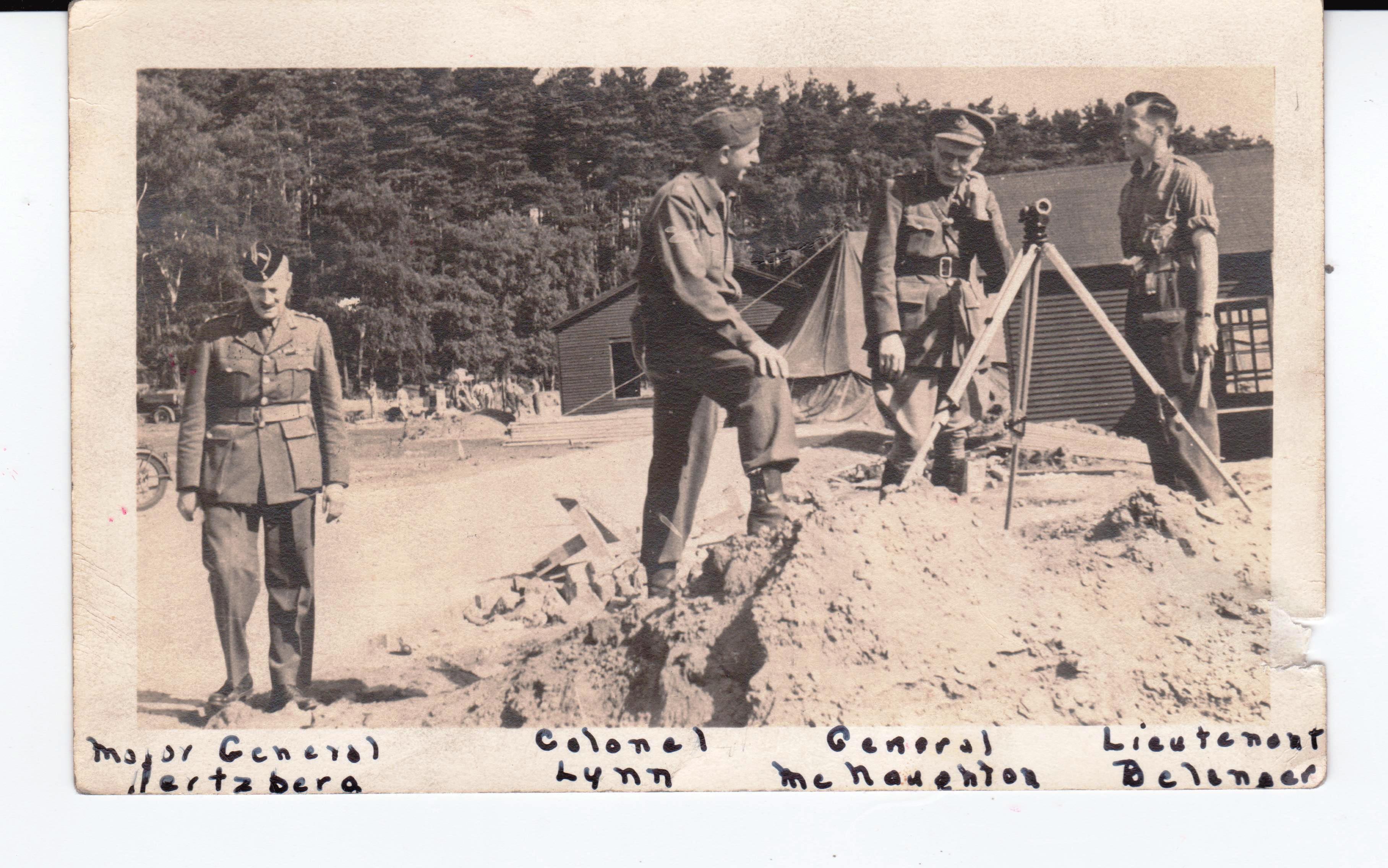Lt Belanger 1943 - Likely shot at RSME, Chatham, Kent in May or June 1943. L to R. MGen Hertzberg, LGen McNaughton, Lt-Col Lynn