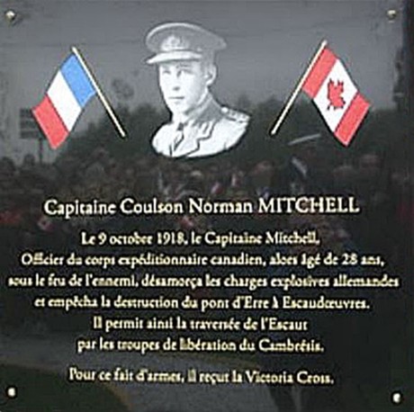 Captain Coulson Norman Mitchell, VC, MC memorial plaque in the City of Escaudoeuvres