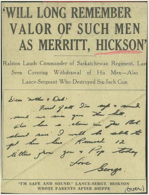Comment by MND Ralston on the conduct of Sgt Hickson, DCM and Lt-Col Merritt, VC at Dieppe. Hickson returned to England - Merritt spent the rest of the war in Colditz Castle