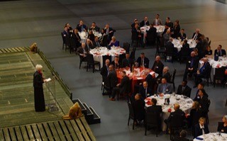 1.	LGen Jennie Carignan addresses the NATO MILENG Community atop an MBG, during the NSJEC Cultural Dinner.