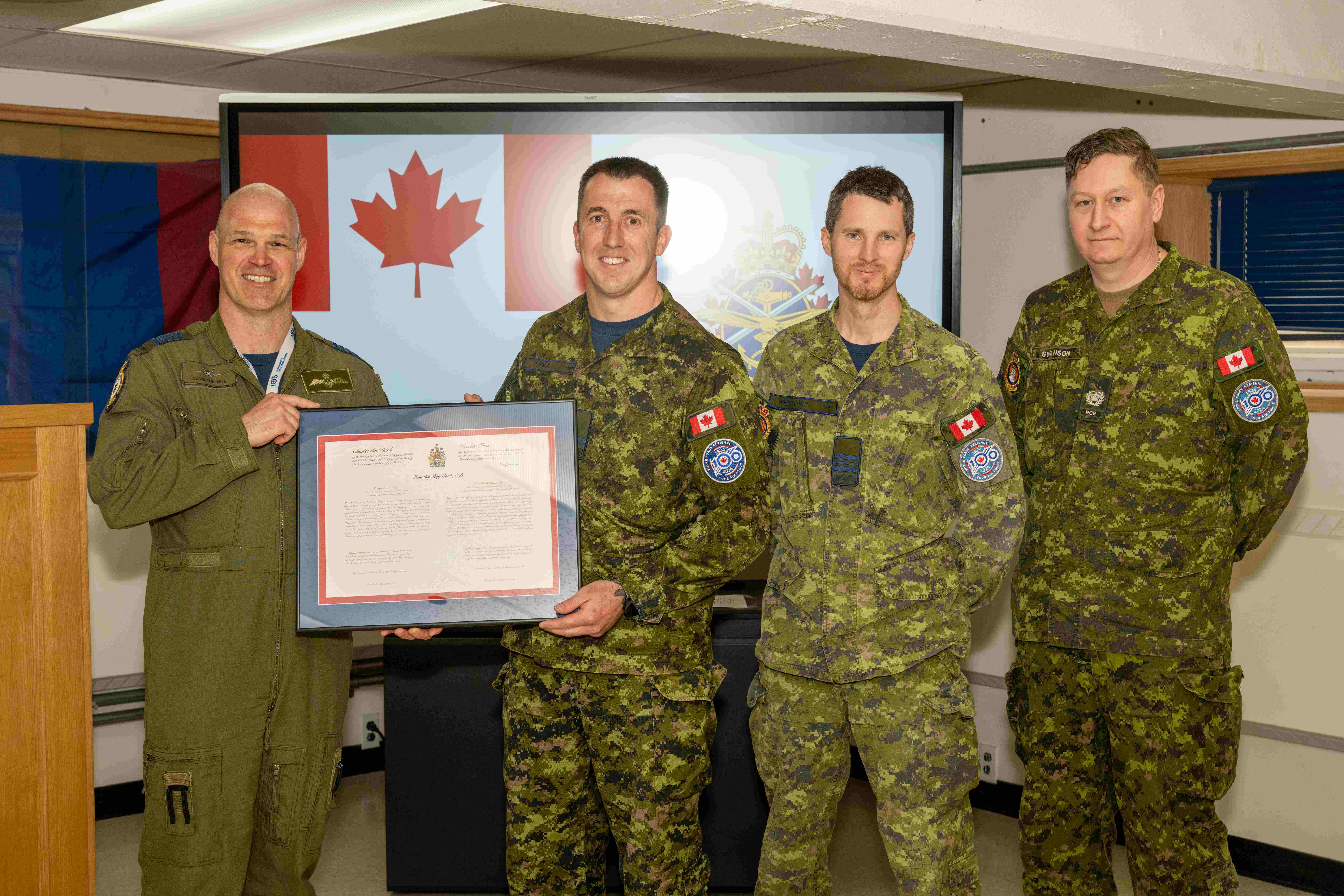 (L-R) Col David Turenne, 4 Wing Commander, Lt Timothy Cook, RO RPOD Cold Lake, Maj Joel Weatherby, OC RPOD Cold Lake, and MWO Jason Swanson, SSM RPOD Cold Lake. Photo by 4 Wing Base Image