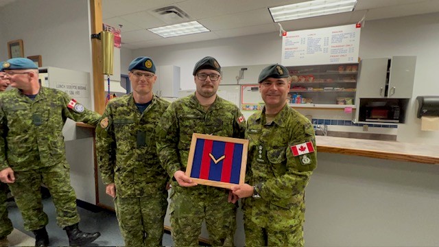CF RP Gp CWO, CWO Sean McGinn, Pte Grayden Hachey, and CF RP Gp Comd, Col Eric Fortin during promotion ceremony.