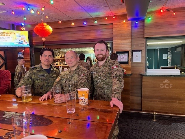 TGIF – Asian Heritage Month Celebrations at the EGOM was another success to promote culture awareness. Thanks to those collective efforts making this possible. (L-R) Defence Racialized Persons Advisory Group Co-Chair Edmonton, Capt Juan Gomez, 408 Sqn RPOU-W Program Officer, Capt Kyle Ho, and RPOU-W Operations Officer, Capt Benjamin Campbell.