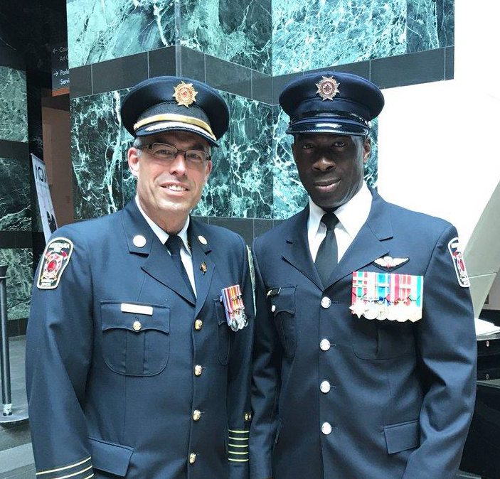 CWO Justin Quaidoo and Mississauga Fire Chief Tim Beckett