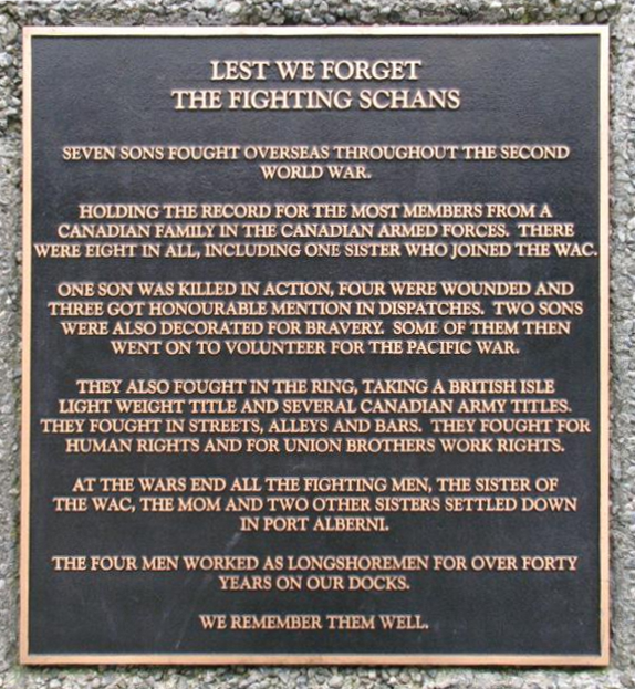 Schan family memorial on Harbour Quay in Port Alberni, BC