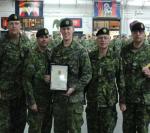 Shown in the Photo, CWO Ron Swift, CME Br CWO, LCol Eric Fortin, CO 5 RGC, Capt John Natyncyk, President of the CMEA Quebec area Chapter, BGenSteve Irwin, CME Col Cmdt, MWO Marc Drolet, acting RSM 5 RGC