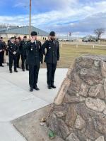 Captain Stephen Moss (left) and Corporal Adam Dutrisac (right) proceed to lay the wreath during Fox Creek, Alta.’s Remembrance Day ceremony. Photo by Capt Kyle Ho, Real Property Operations Unit (West)