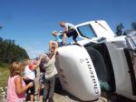 RV overturning on its side while travelling in the opposite direction. RV overturning on its side while travelling in the opposite direction.