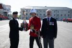 Col Comdt Daniel Benjamin presents MGen Steward Trophy to OCdt Devin Theodore Mercer, assisted by the President of the CMEA, Col Richard Dickson (Ret'd)