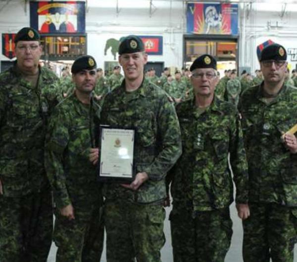 Shown in the Photo, CWO Ron Swift, CME Br CWO, LCol Eric Fortin, CO 5 RGC, Capt John Natyncyk, President of the CMEA Quebec area Chapter, BGenSteve Irwin, CME Col Cmdt, MWO Marc Drolet, acting RSM 5 RGC