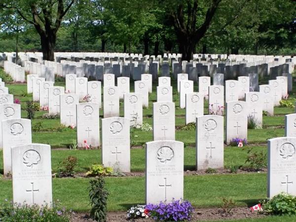 Some of the hundreds of Canadian graves at the Groesbeek Canadian War Cemetery near the town of Groesbeek, Netherlands, final resting place for 2,338 Canadian soldiers from World War II.