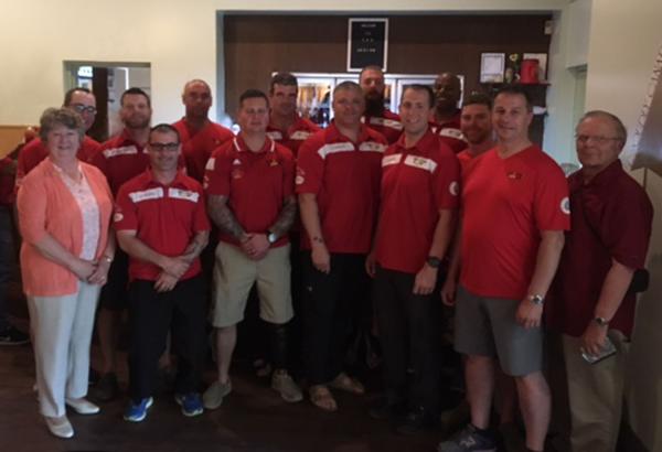 Canadian Military Engineer Invictus Games Team flanked by Mrs. Shirley "Izzy Doll" O'Connell and LCol Ken Holmes (Ret'd), CMEA Historian